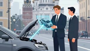 Юрист с голографической реконструкцией аварии, демонстрирующий тренды 2026 года по оспариванию ДТП в Санкт-Петербурге
